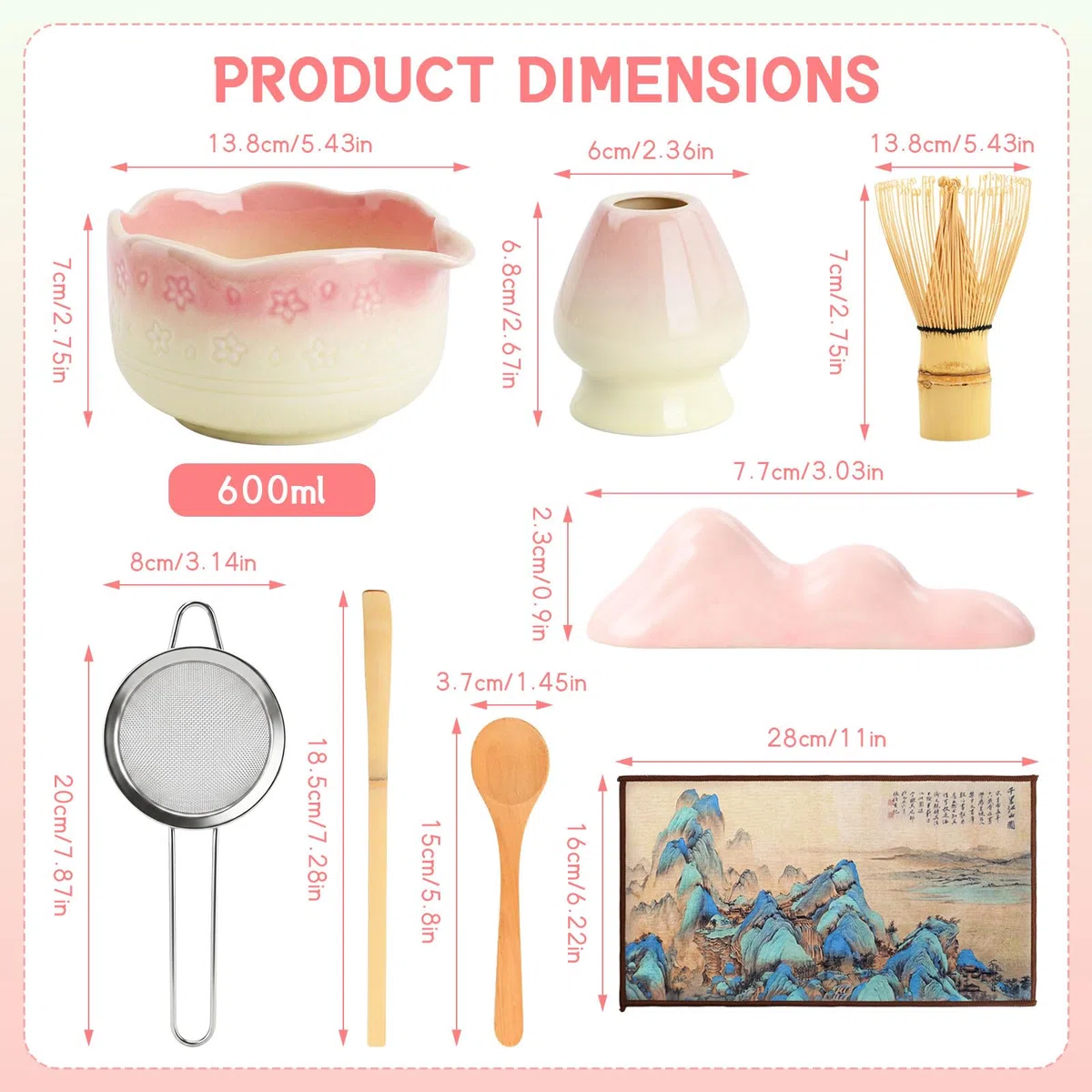 Kit Matcha 8 Piezas, Set Ceremonia Té Japonés con Cuenco 550ml, Batidor, Soporte Chasen, Cuchara Chashaku, Porta Cuchara, Colador y Paño