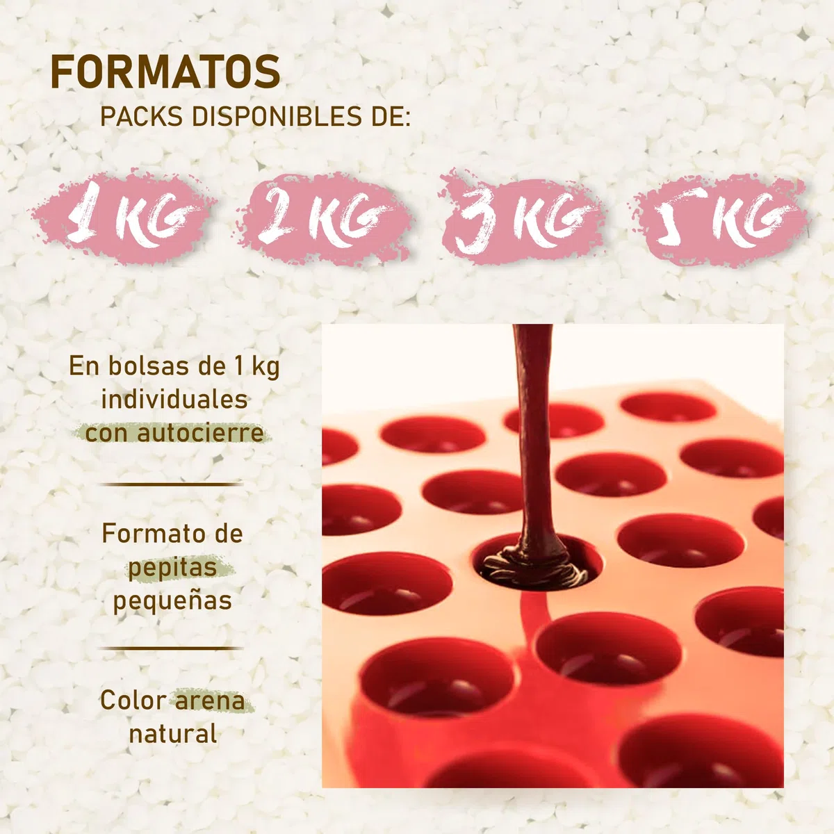 Cera de soja 100% Natural Premium para moldes, figuras, wax melts en bolsa de 2Kg. Perlas de alto punto de fusión y desmolde fácil, sin olor para DIY. Compatible con colorantes y fragancias.