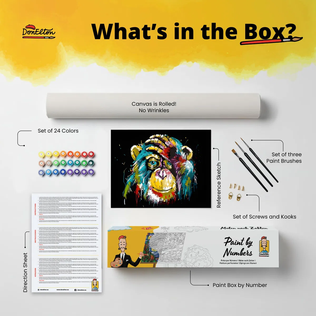 DonElton Pintar por Números para adultos Animales - 40x50 cm Kits de pintura con Pinceles, colores acrílicos y lienzo de lino, Sin marco - Regalo creativo (Mono)