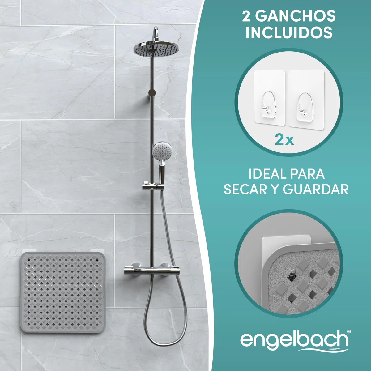 Engelbach® Alfombra Ducha Antideslizante 53x53cm - con 2 Ganchos para Secado rápido - Libre de BPA y antibacteriana - Alfombrilla Cuadrada Universal