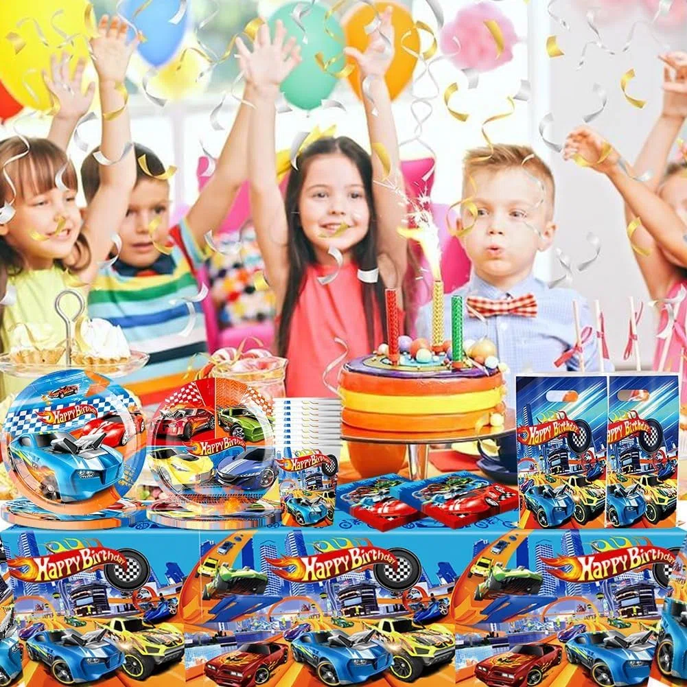 Vajilla Cumpleaños Coche de Carrera, Decoración de Coche de Carreras, Autos Vajilla Infantil Incluir Mantel, Platos de 7'', Platos de 9'', Vasos, Vasos, Servilletas - 10 Personas