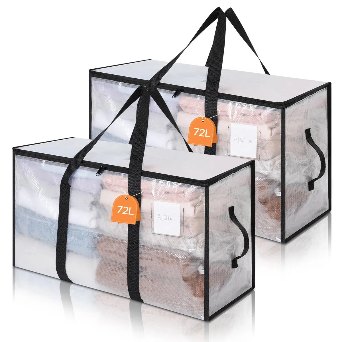 AiQInu 2 Piezas Bolsa Almacenaje 72 L, Impermeable Bolsas Mudanza Grandes Cremallera y Asa, Transparente Bolsa de Almacenamiento Ropa, Cajas Ordenacion Armario para Guardar Ropa Edredones