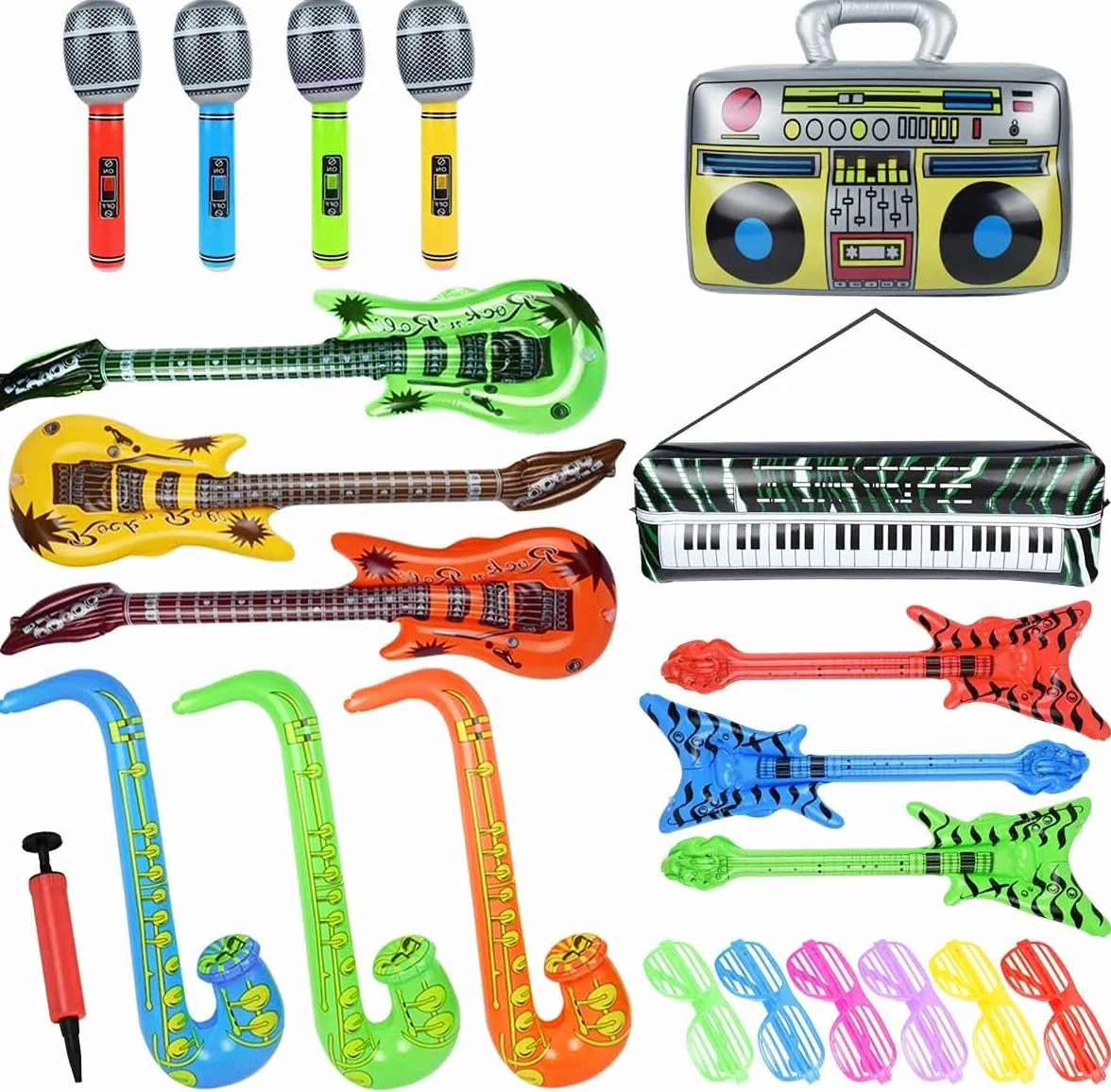 LATERN 22 Piezas Instrumentos Musicales Inflables, Juguete Inflable De Estrella De Rock Guitarras Saxofones Micrófonos Radio Teclado Bajos Y Gafas Para Favores Photo Booth Props - Con Bomba De Aire