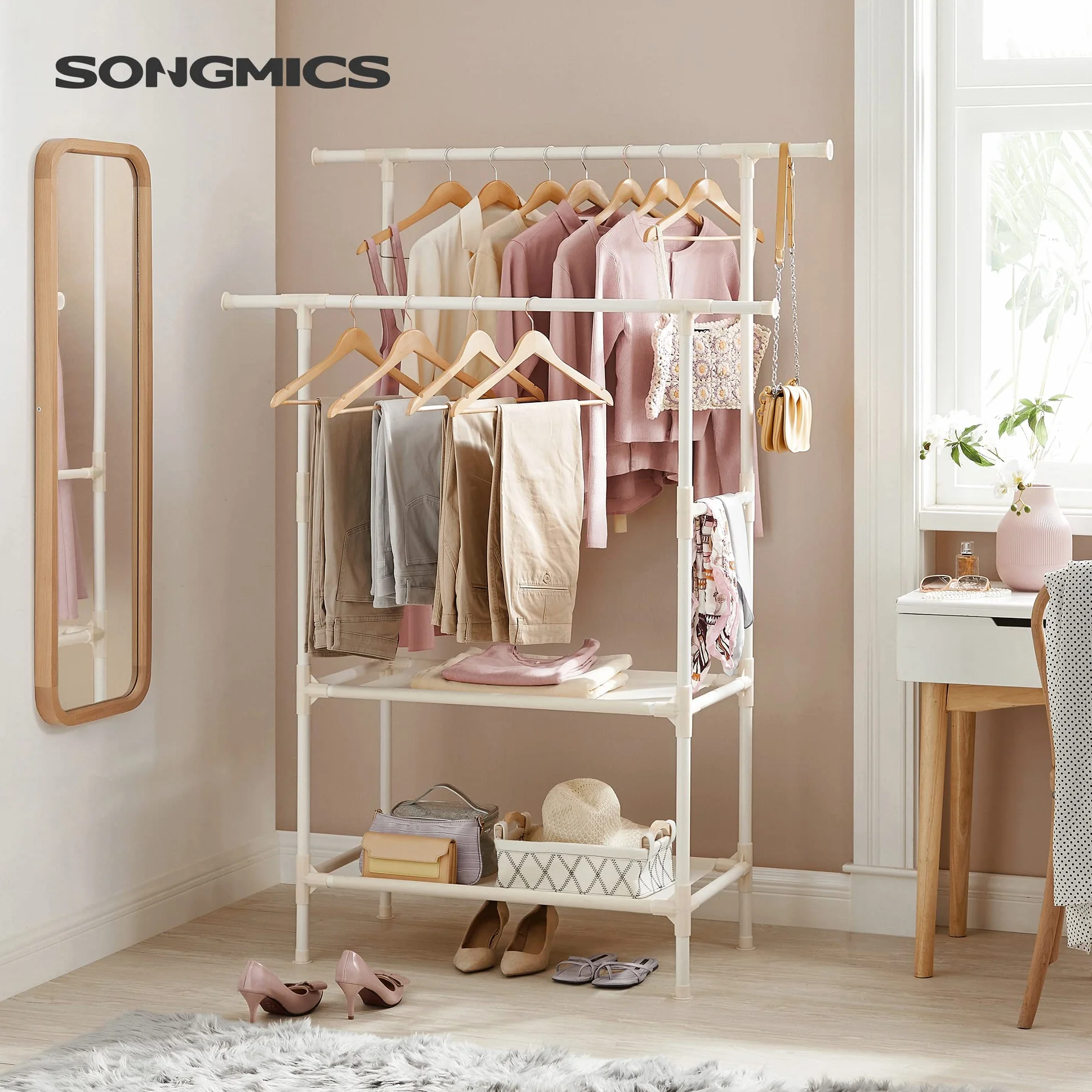 SONGMICS Burro Ropa, Perchero Burro de Metal con 2 Barras Colgantes, con 2 Estantes de Almacenamiento, Capicidad de Carga 70 kg, Montaje Fácil, Blanco RDR02WT