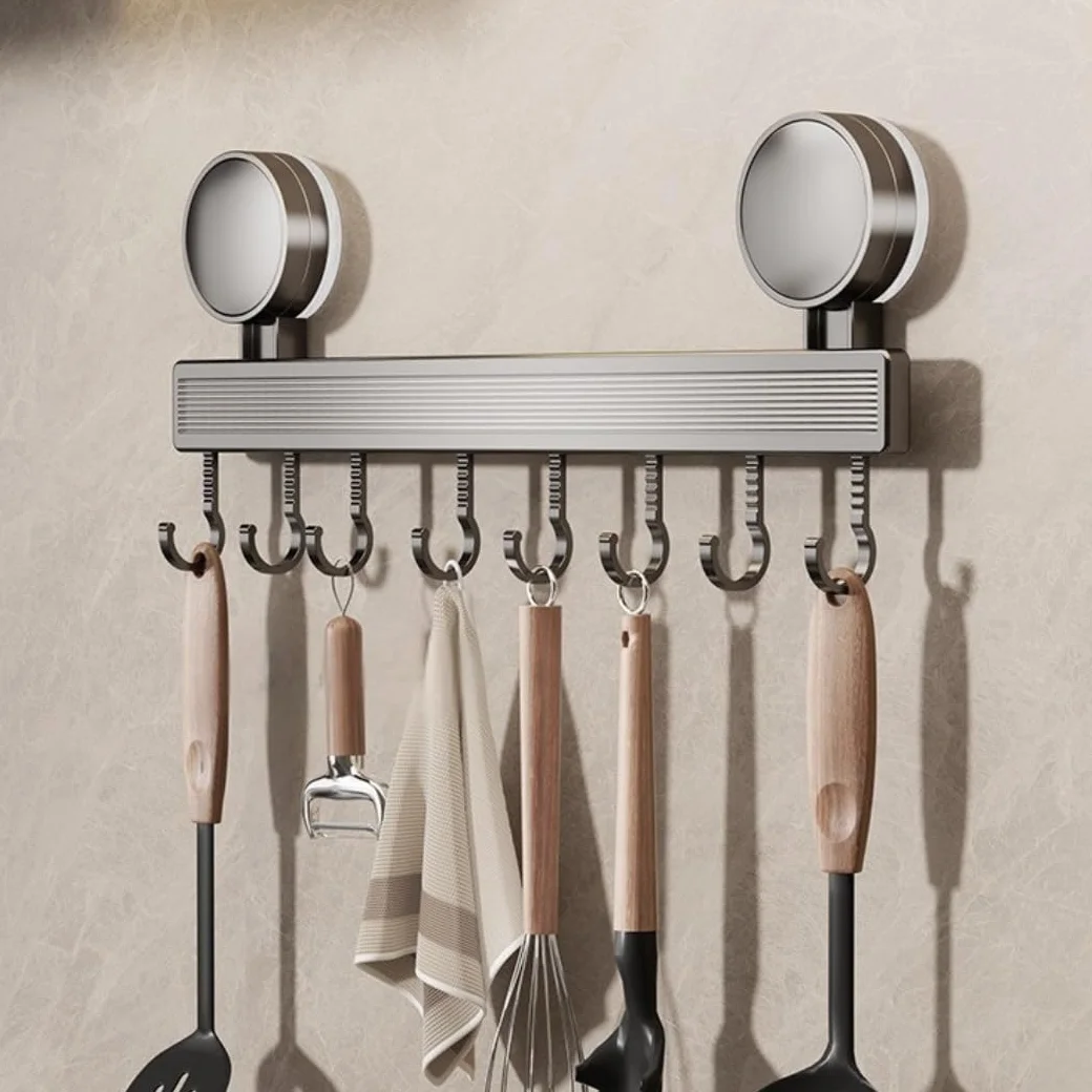 Barra para Utensilios de Cocina con Ventosa,40 cm Soporte Desmontable de Aluminio con 8 Ganchos,Colgador para Trapos y Accesorios,Capacidad de Carga hasta 20 kg,Anticorrosivos,Desmontables
