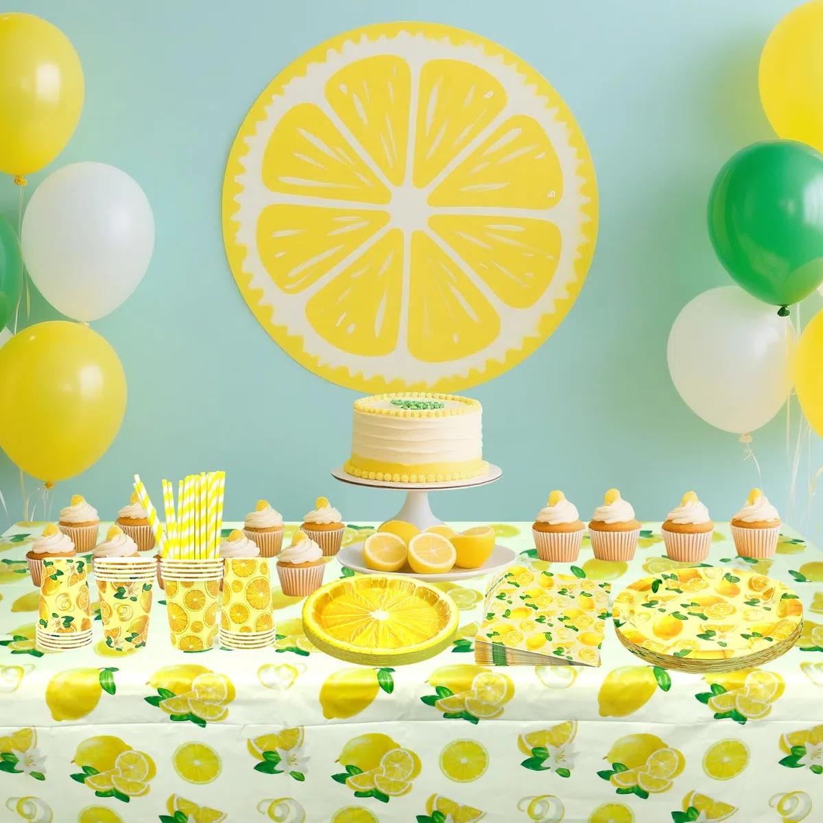 Decoración de fiesta de limón – Vajilla de fiesta de cumpleaños de limón, incluyendo platos, vasos, servilletas, manteles, pajitas, para 20 personas (amarillo)