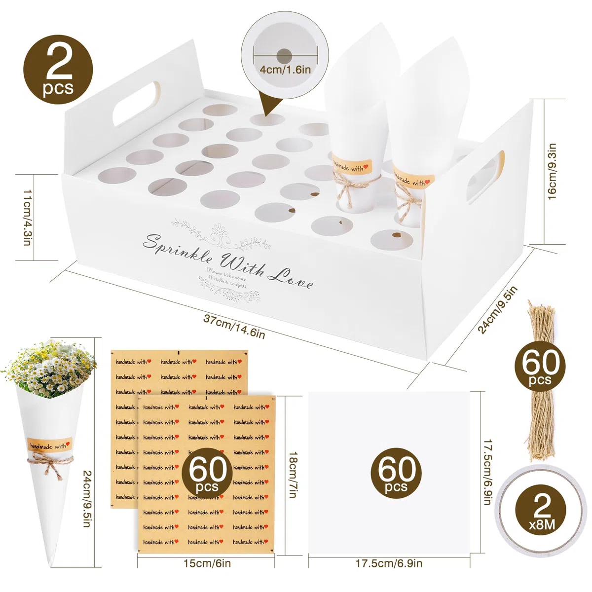60 Piezas Conos Arroz Boda, Cono Papel Kraft Boda con 2 Caja Soporte Cucuruchos de Papel para Bodas, Conos de Confeti para Decoración Fiesta Ceremonia, Blanco