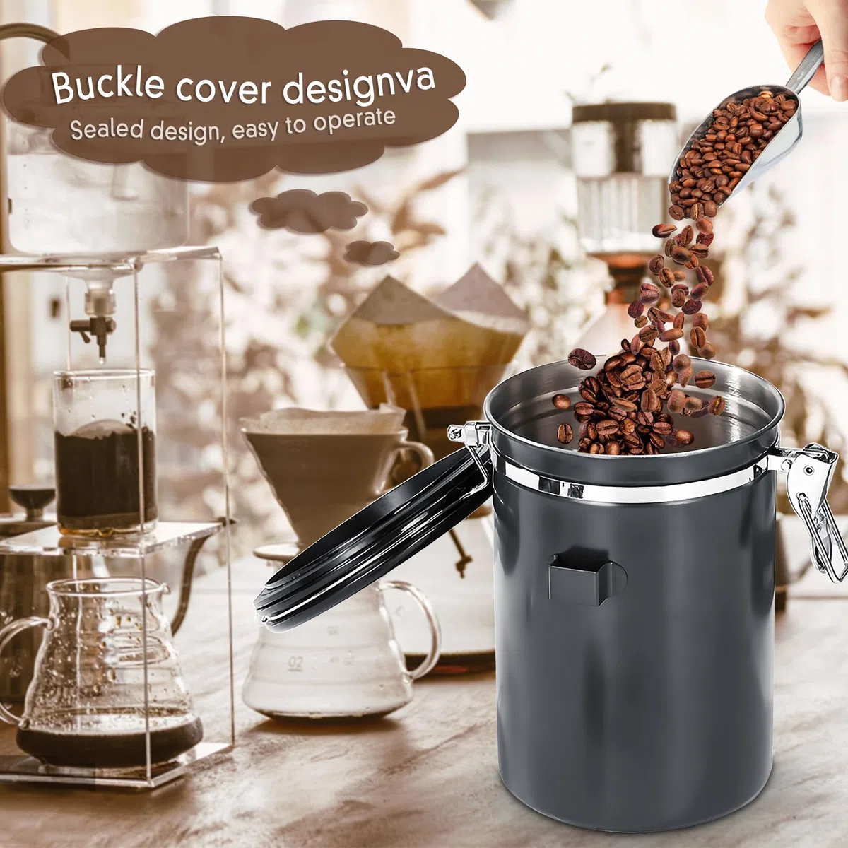 Bote para Café,1.8L Tarro de café hermético,contenedor de café de Acero Inoxidable,Caja de Almacenamiento de Alimentos,con Válvula de CO2 y cuchara,para cafe grano o cafe molido,Gris
