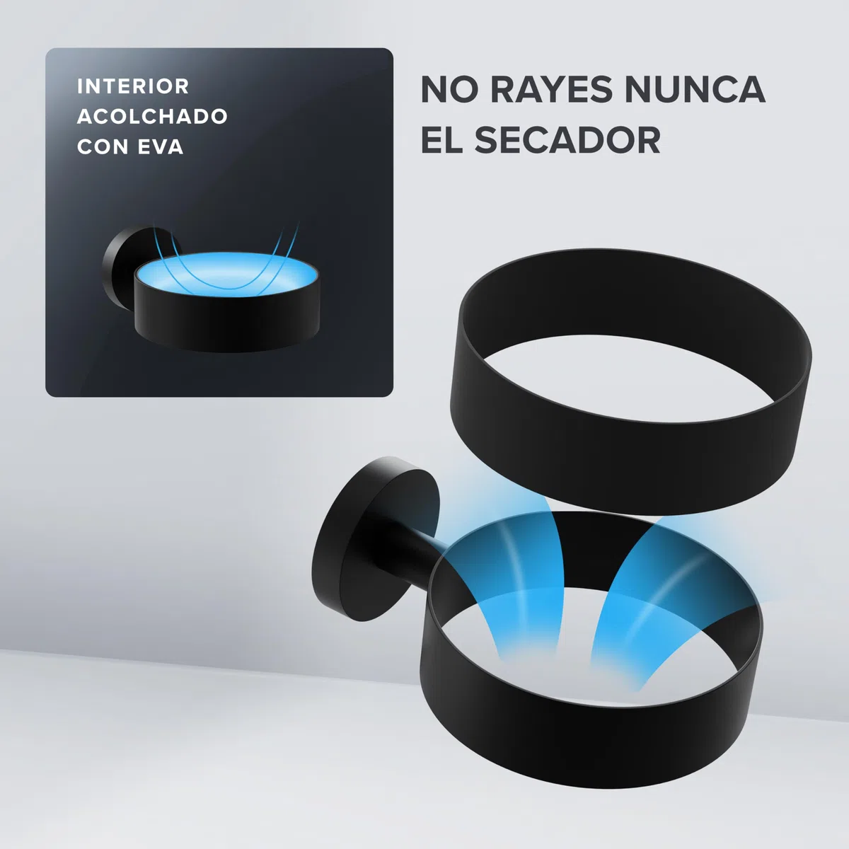 ovimar soporte para secador de pelo Kvitoya | acero inoxidable | negro mate | con fijación mural para taladrar | con almohadilla para secador de pelo | para taladrar | soporte para secador de pelo