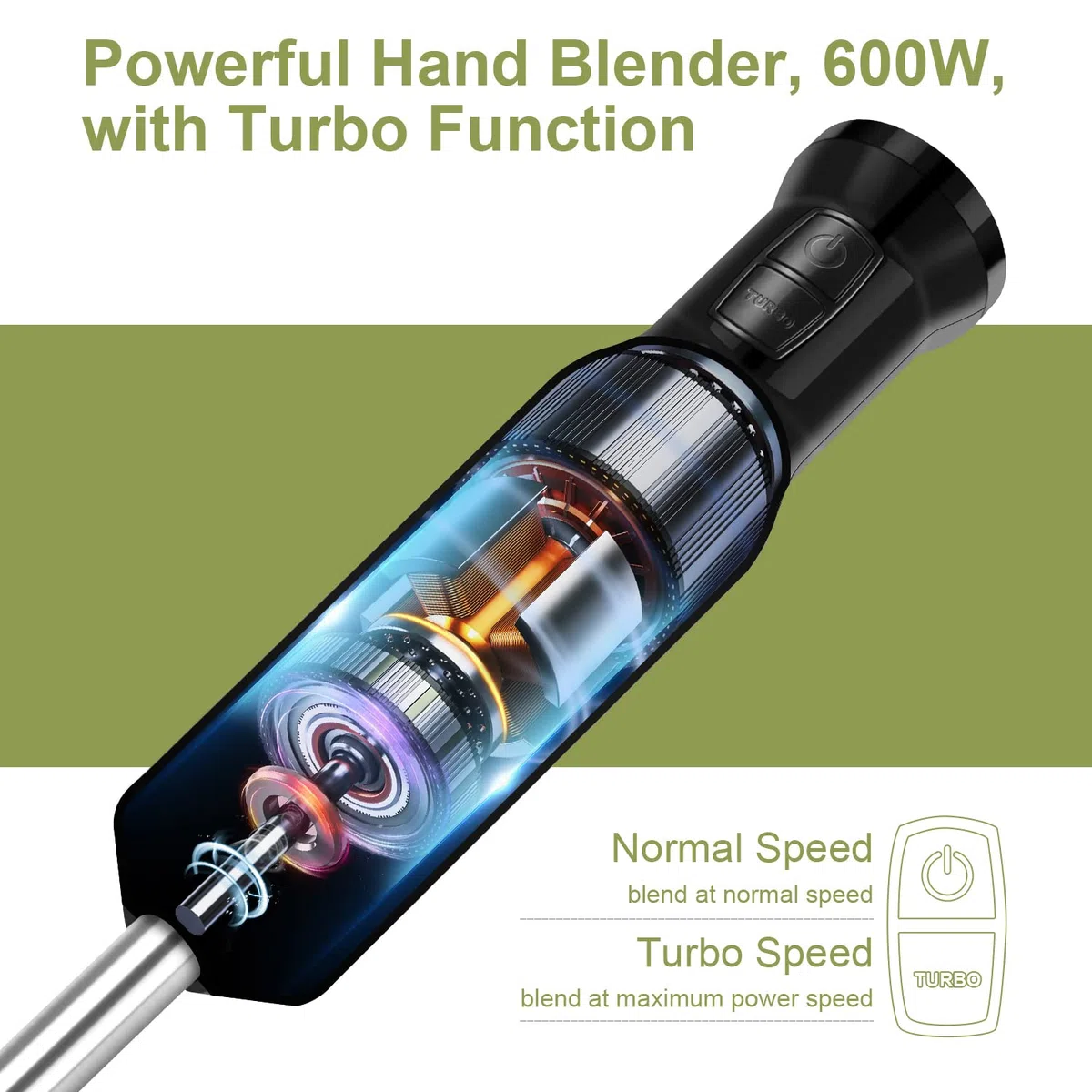 Batidora de mano, Wancle 600W batidoras, Función Turbo, para alimentos para bebés, batidos, salsas y sopas (Black)
