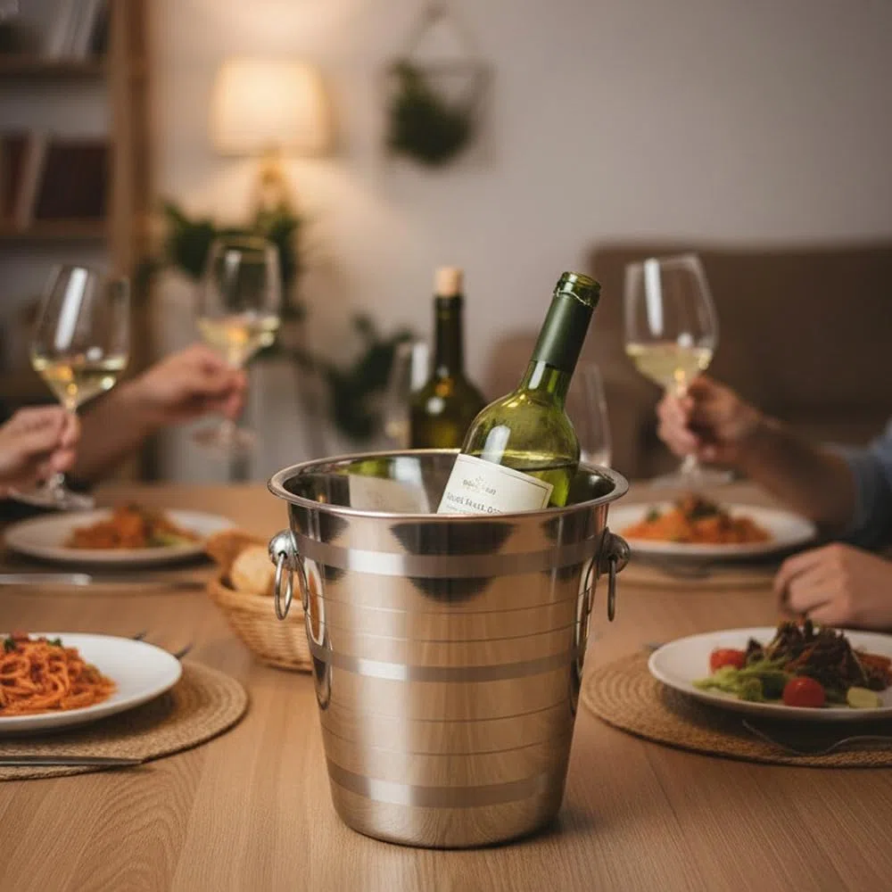 Champanera con Asas - Cubitera de Vino - Cubo de Champán con Asas - Cubo Enfriador de Bebidas - Cubitera de Acero Inoxidable