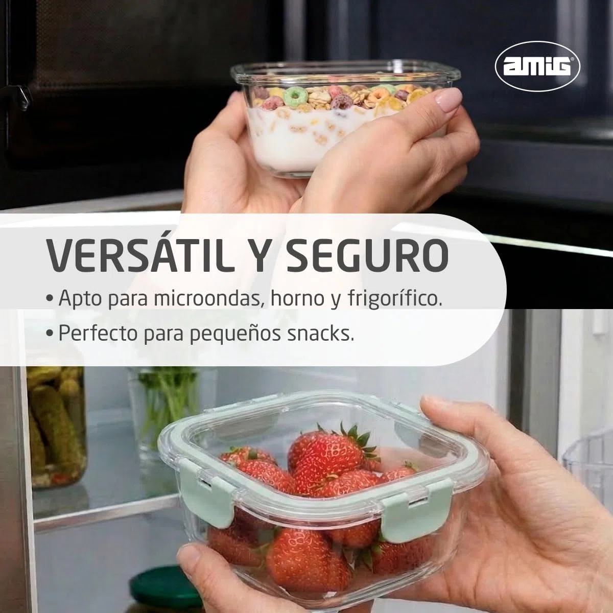 Amig - Set de 4 Recipientes cuadrados Herméticos para Alimentos - Capacidad: 320 ml - 112 x 112 x 50 mm - Contenedor de Cristal para Microondas, Horno, Congelador y Lavavajillas - Color verde