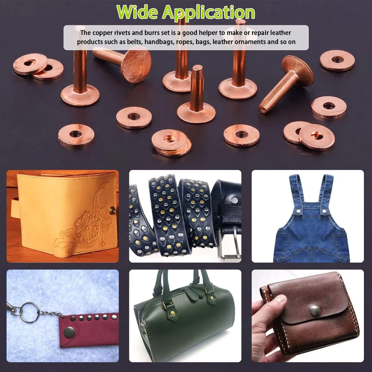 Remaches y fresas de cobre con herramienta de instalación y sacabocados para productos de cuero: cinturones, bolsos, carteras y artículos para manualidades en cuero.