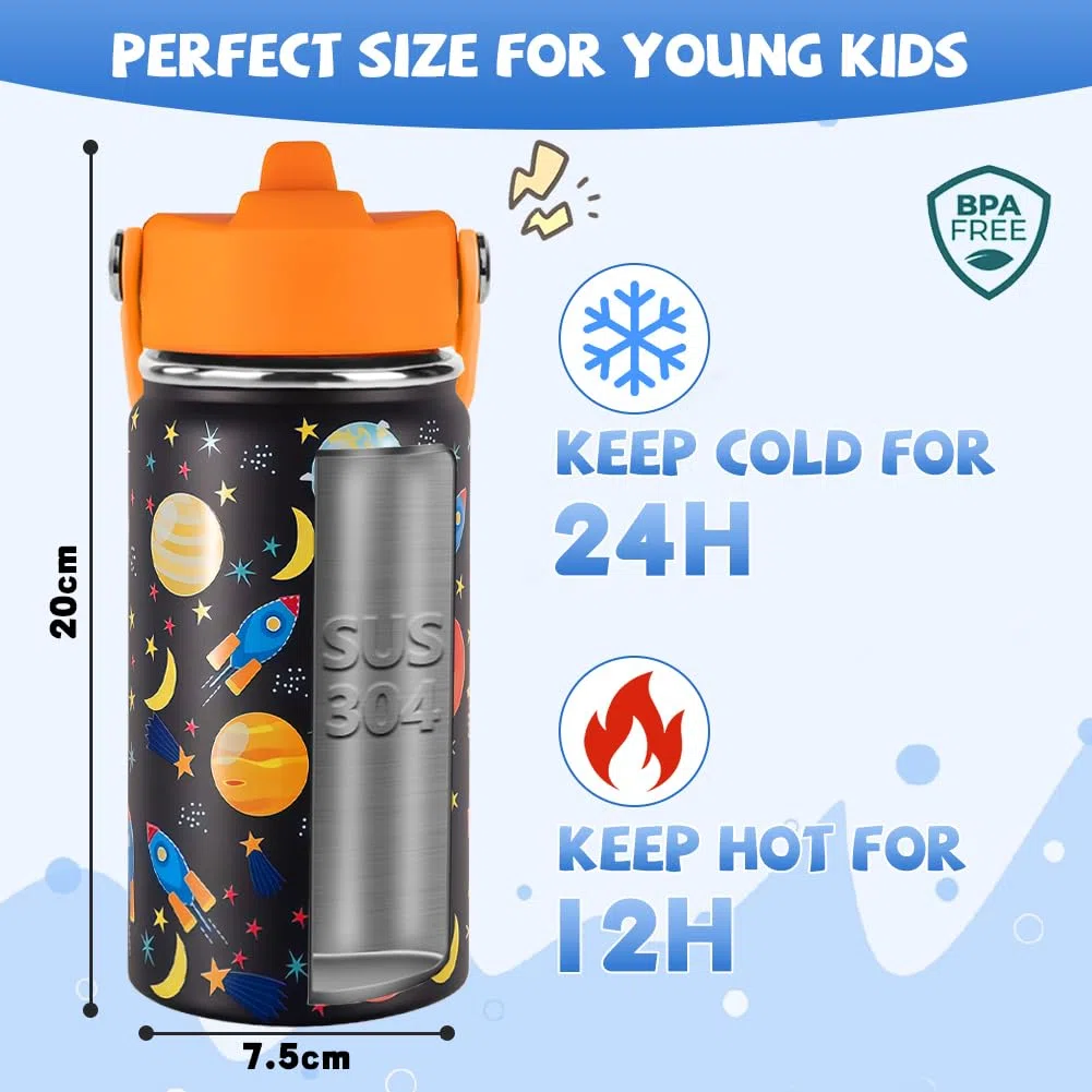 Botella de Agua para Niños de Acero Inoxidable 350ml, Botella de Agua Aislada, Botella Termica con Pajita, Reutilizable, Sin BPA, Sin Fugas, Asa de Transporte（Modelo Espacial）