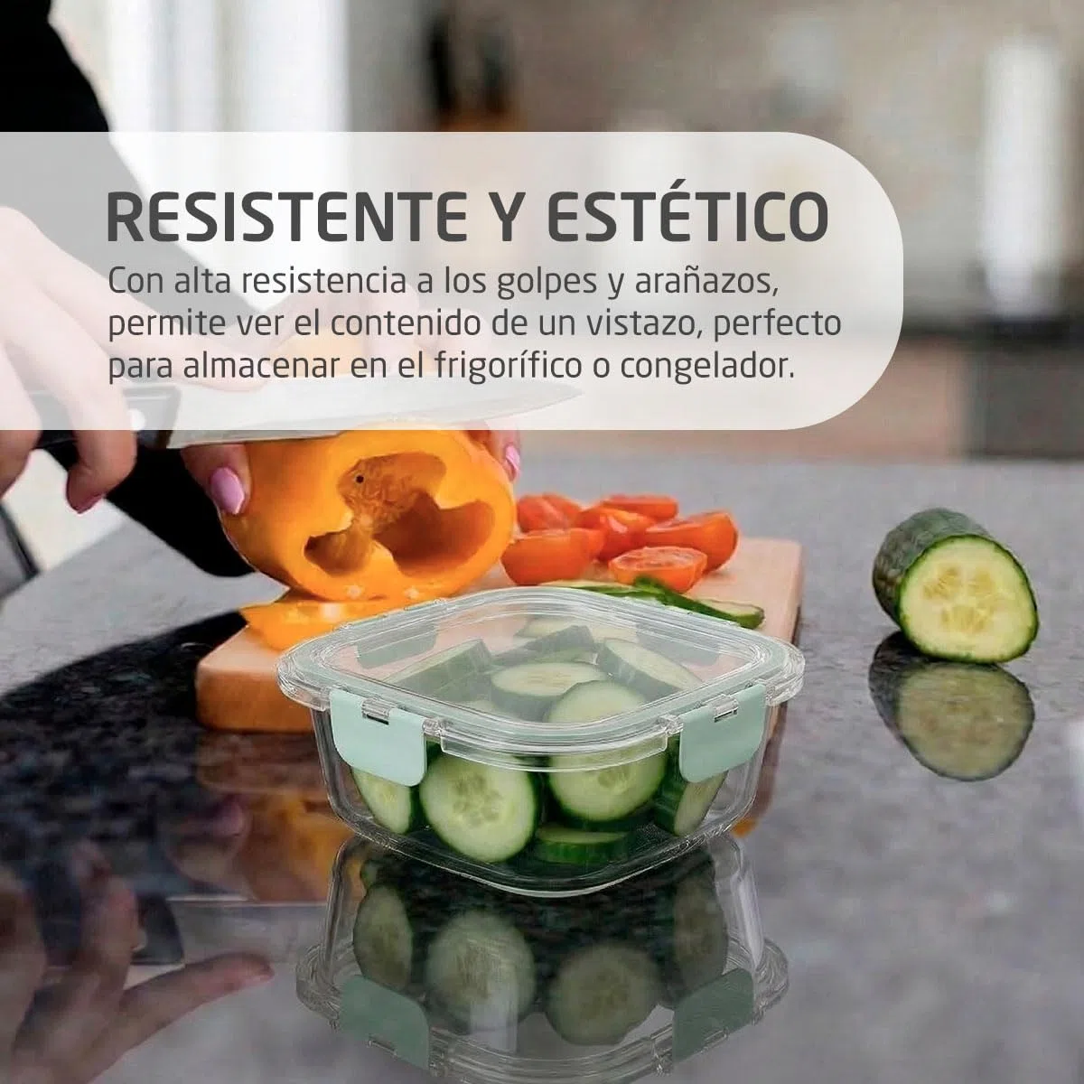 Amig - Set de 4 Recipientes cuadrados Herméticos para Alimentos - Capacidad: 320 ml - 112 x 112 x 50 mm - Contenedor de Cristal para Microondas, Horno, Congelador y Lavavajillas - Color verde