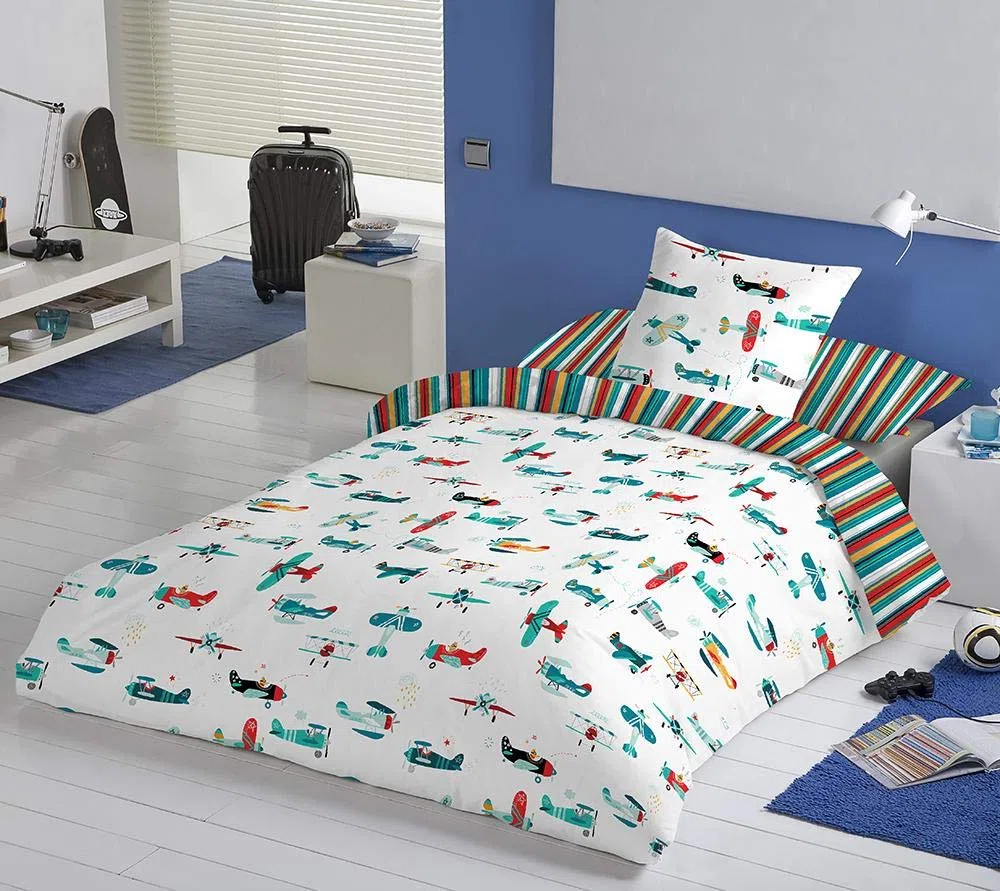 COTTON ARTean Funda nordica Infantil/Juvenil Reversible, AVIONCITOS para Cama de 90 (150x260 de Largo). Multicolor