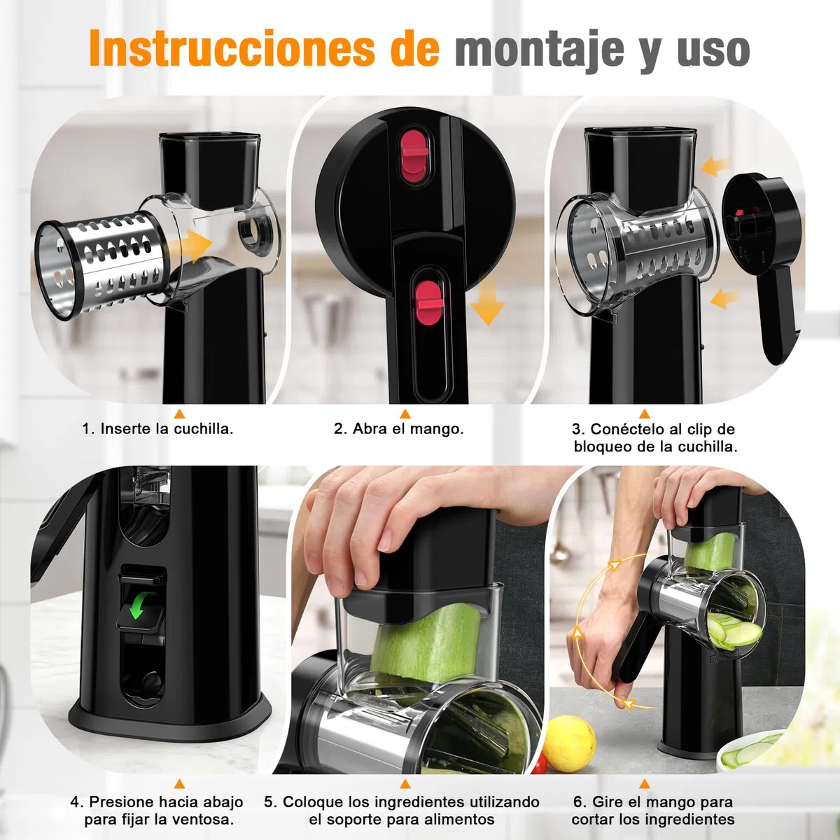 Ibergrif Rallador de Queso Manual con Manivela, Rallador Giratorio Multifunción - 3 Cuchillas de Acero Inoxidable 430 para Cortar, Rallar y Laminar, con Protector de Dedos y Base con Ventosa