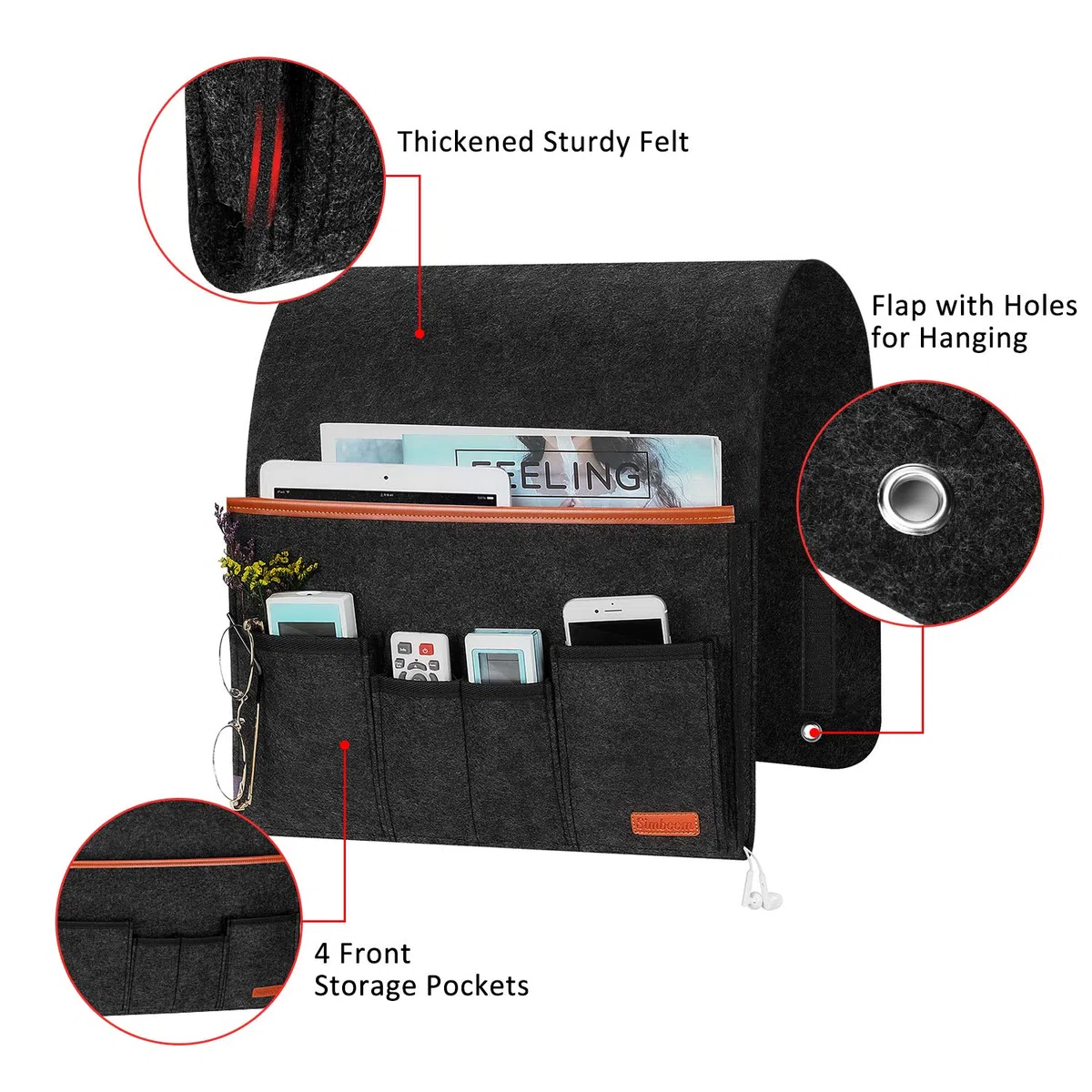 SIMBOOM Organizador de Sofá Silla, Soporte para Controles remotos, Bolsa de Almacenamiento para Reposabrazos Antideslizante con 5 Bolsillos, para Revistas Teléfono, Libros, Gafas(Negro)