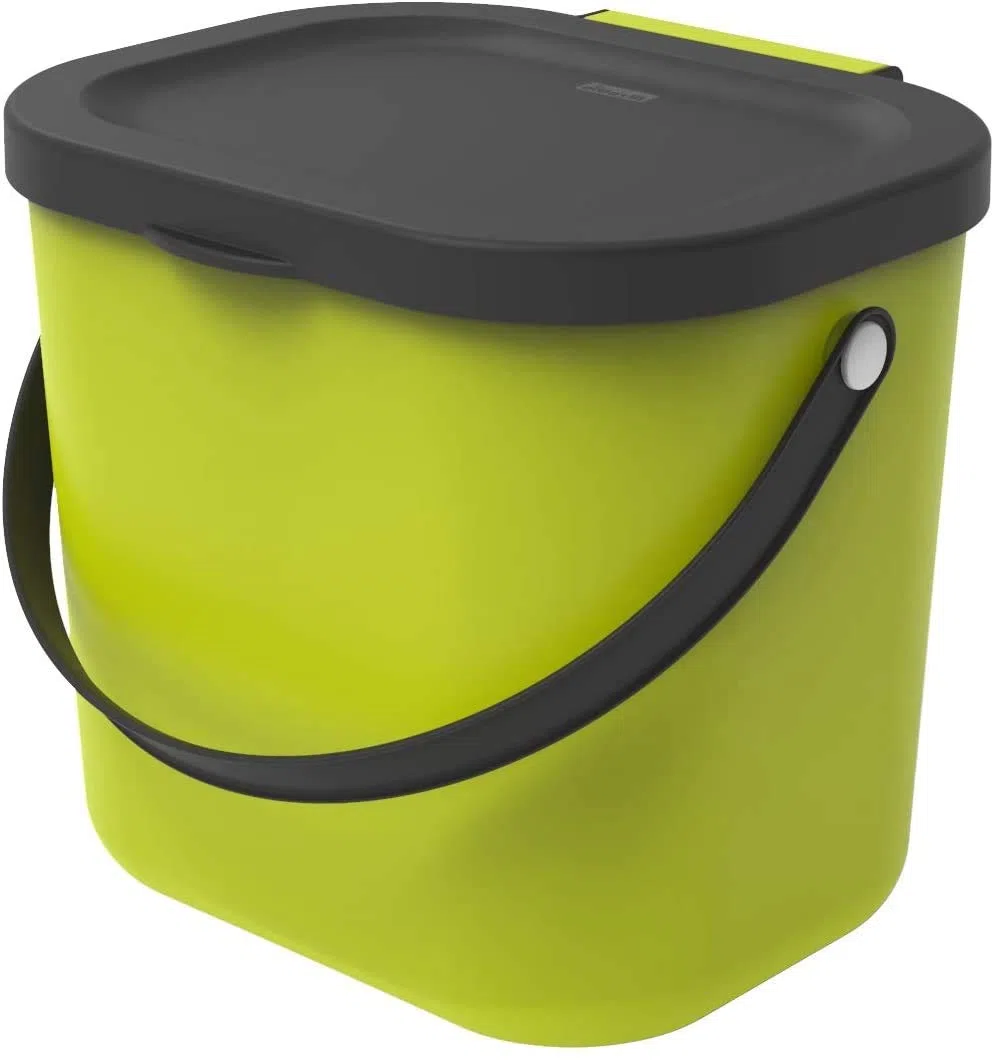 Rotho Albula Cubo de basura biológica de 6 litros con tapa y asa para la cocina., Plástico (PP) sin BPA, verdeclaro/antracita, 6l (23.5 x 20.0 x 20.8 cm)
