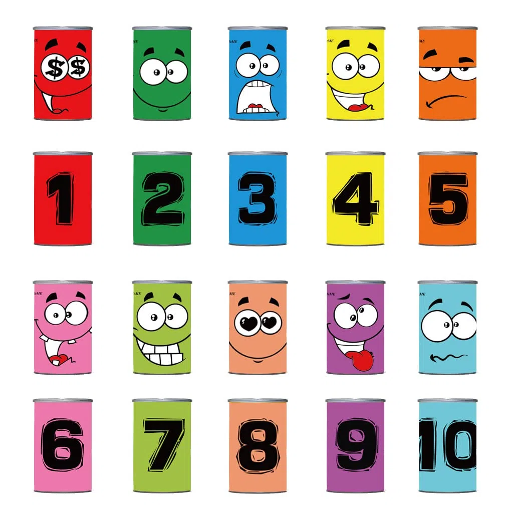 Juegos Exterior Niños Jardin, Juego de Lanzamiento, Juego Tirar Latas Punteria, 10pcs Sonreír Metal Tirar Latas + 3pcs Bolsas de Frijol + 3pcs Medalla, Callejón de Lata Juguetes para Fiesta