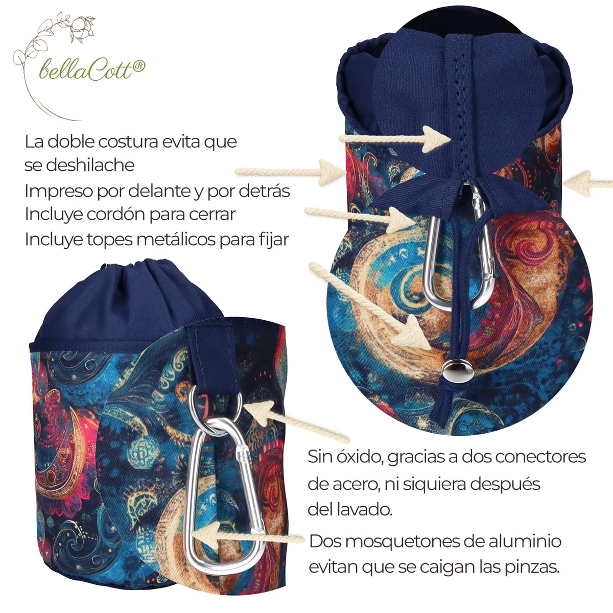 trendfinding Bolsa portátil para pinzas de la ropa, 18 x 31 cm, 100% algodón, con cordón y mosquetones, bolsa de almacenamiento para el hogar, jardín y camping