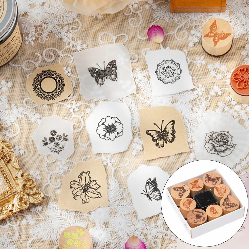 16 Piezas Kit de Sello De Madera Mariposa Flores Sellos de Goma de Madera Mariposa Flores Sellos Mariposa Flore Madera Sellos de Madera de Mariposa Flore para DIY Scrapbooking,Manualidades
