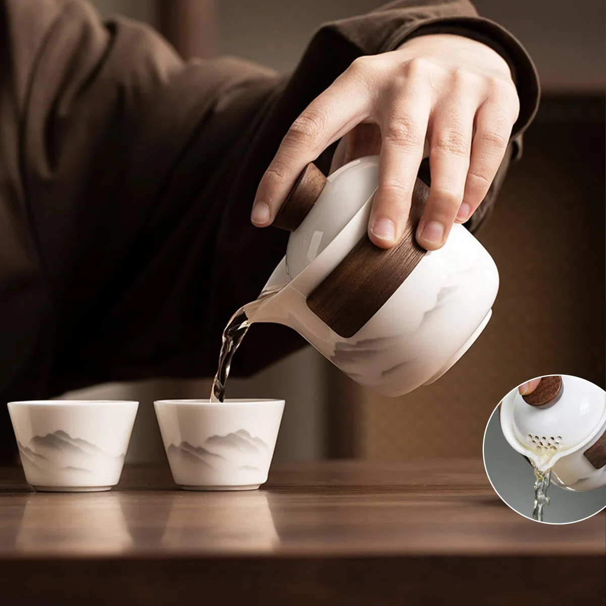 Juego de té chino Gongfu de porcelana, juego de tetera de cerámica portátil, mini bolsa de viaje portátil todo en uno para viajes, hogar, regalos, camping al aire libre, picnic y oficina, negocios