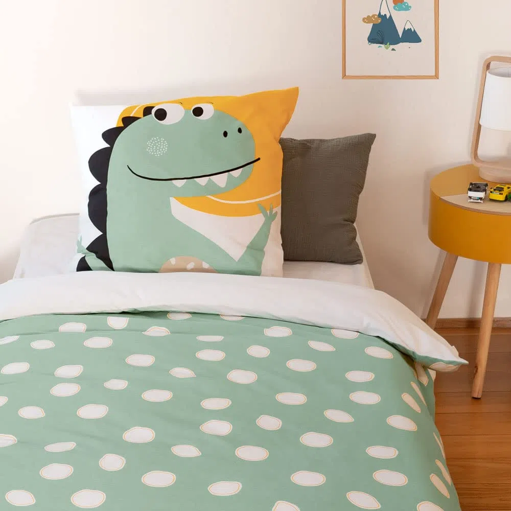 Côte Deco - Juego de cama infantil reversible de dinosaurios prehisto verde, funda nórdica de 140 x 200 cm y 1 funda de almohada de 63 x 63 cm