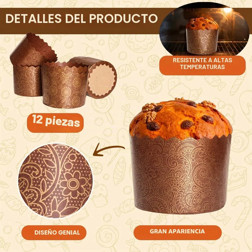 Kulich,Molde de papel para pan de Pascua de 12 onzas, 12 piezas, molde para paska, moldes para hornear papel panettone italiano, diseño marrón de 4.33 pulgadas de anchox3.35 pulgadas de alto