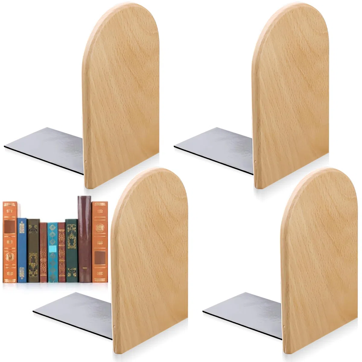 Juego de 4 sujetalibros de madera de haya, 2 pares de sujetalibros, 13 x 8 x 10,5 cm, estantería de madera para libros pesados, CD, discos de vinilo, sujetalibros de madera, para oficina, biblioteca
