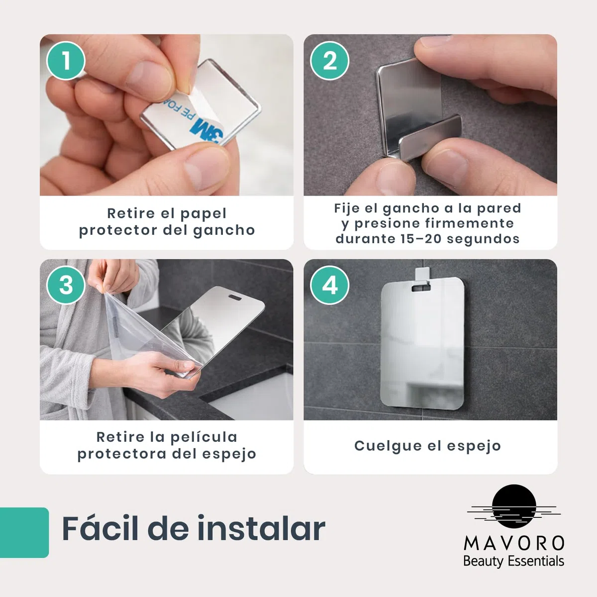 Mavoro Espejo de afeitado 18 x 23 cm para ducha con gancho adhesivo 3M, espejo de ducha para colgar en cualquier lugar, acrílico, irrompible, menos empañamiento, elegante sin marco, seguridad sin