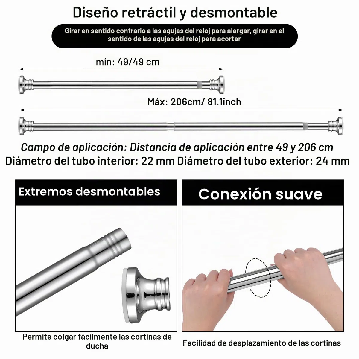 Barra tensora de acero inoxidable de 68-200cm extensible | Barra de cortina de ducha sin taladrar | Barra de cortina ajustable para baño, cocina y puertas de armario | Barra telescópica con red y tul