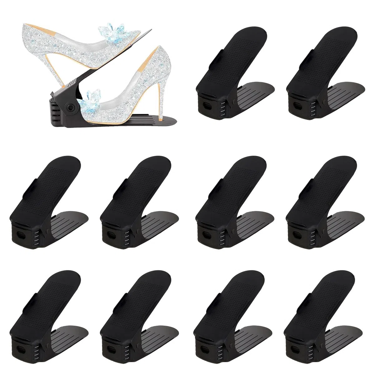 LATRAT - Juego de 10 soportes y apiladores para zapatos ajustables, almacenamiento eficiente, 50%, zapatero antideslizante, soporte de plástico negro, 25 x 6,5 cm