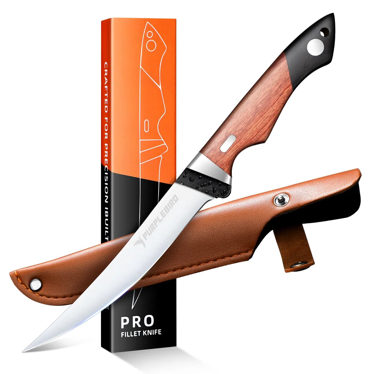 PURPLEBIRD Cuchillo de Filete Profesional, 15cm Cuchillo Deshuesar está Equipado con una Hoja de Acero Inoxidable, Cortar Carne con Mango Ergonómico de Madera