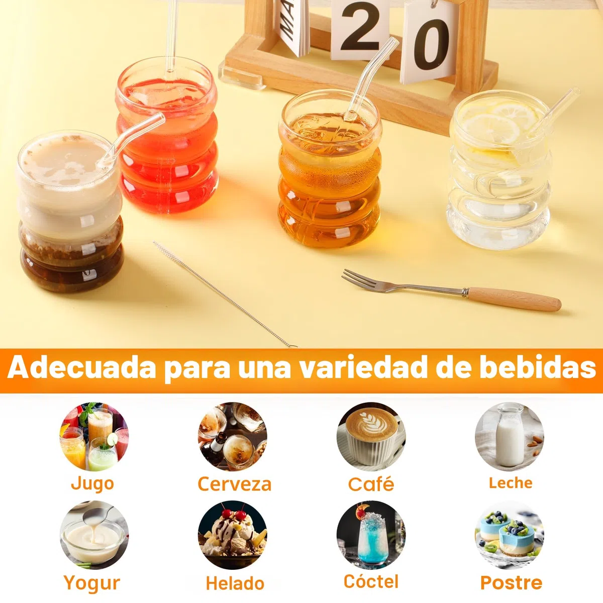 Withosent 300ml Vasos de Cristal Agua con Pajita, 4pcs Vasos de Cristal Ondulados Estilo Vintage, Juego de Vasos Agua para Café, Yogur, Soda, Cocktail, Cerveza, Batidos, Whisky