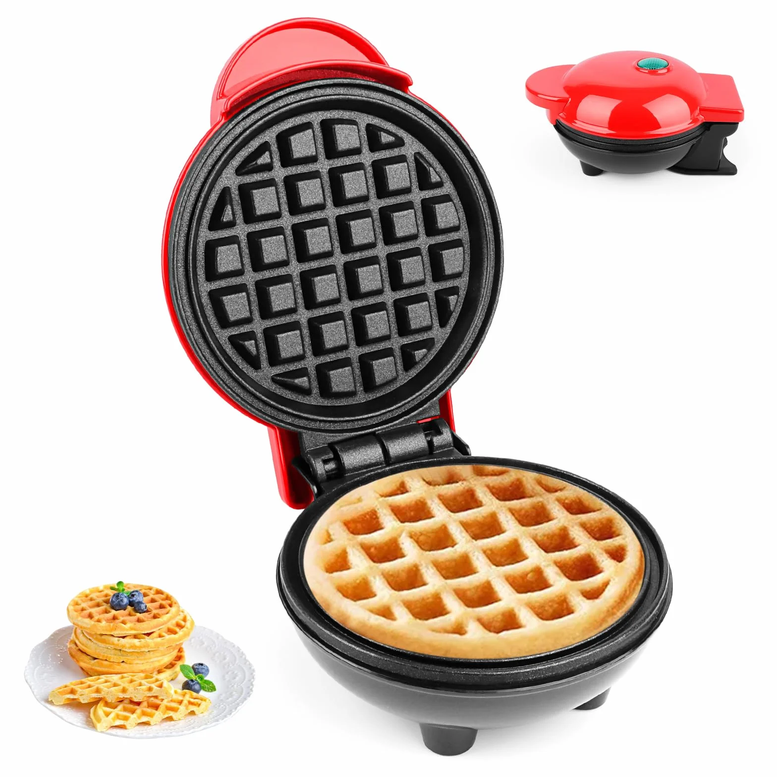 LWMTT Mini gofrera belga, diámetro 10 cm, 220 V | 350 W, clásica, calefacción de doble cara, gofrera de burbujas, una persona, compacta, adecuada para excursiones, color rojo
