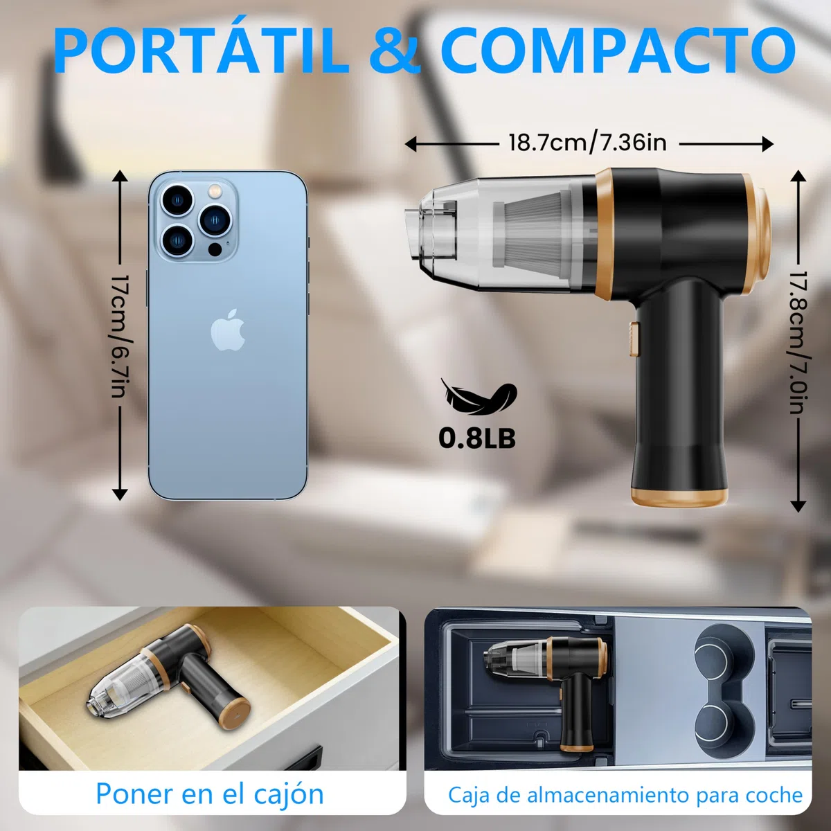 Mini Aspiradora para Coche 15000 Pa – Aspiradora Portátil Inalámbrica de Mano y Soplete de Aire con 2 Filtros, Ideal para Coche, Sofá, Oficina, Mascotas y Hogar