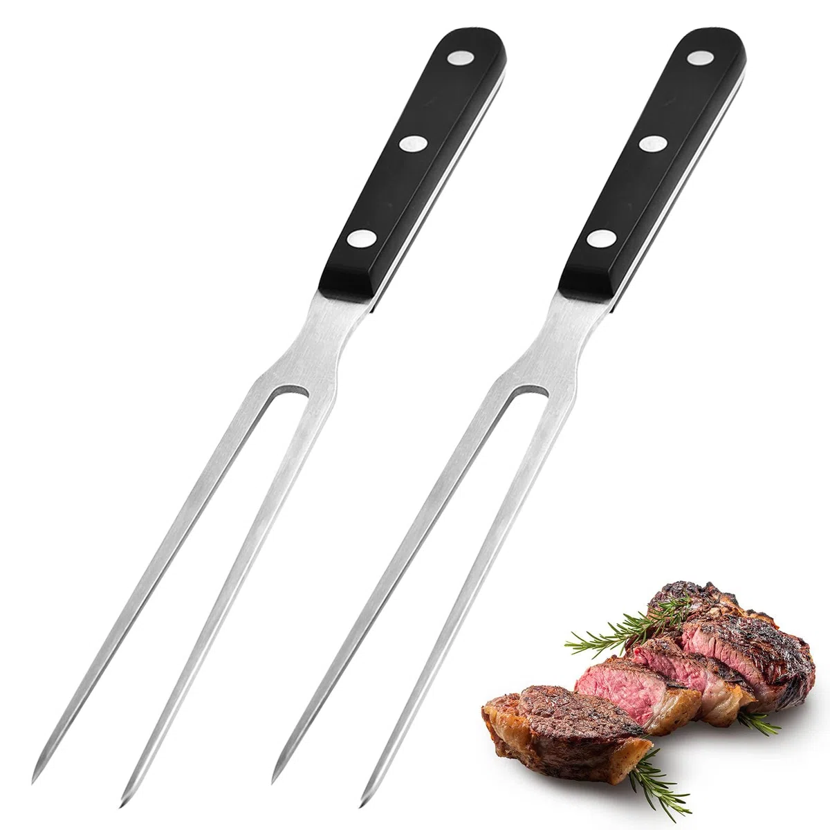 2 Pieza Tenedor de Carne con Mango, 29cm Tenedores de Acero Inoxidable, Tenedor de Carne con Mango de Plástico para Lavavajillas, Reutilizable, para Asar Pavo y Cenas (Negro)
