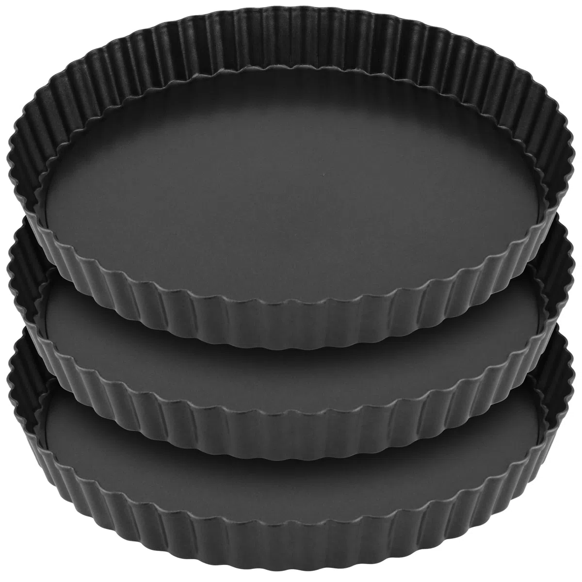 Paquete de 3 latas de quiche de 22 cm, antiadherente, acanalada, con base suelta, plato de flan de acero al carbono para hornear pizza, pastel de frutas, pastel de queso