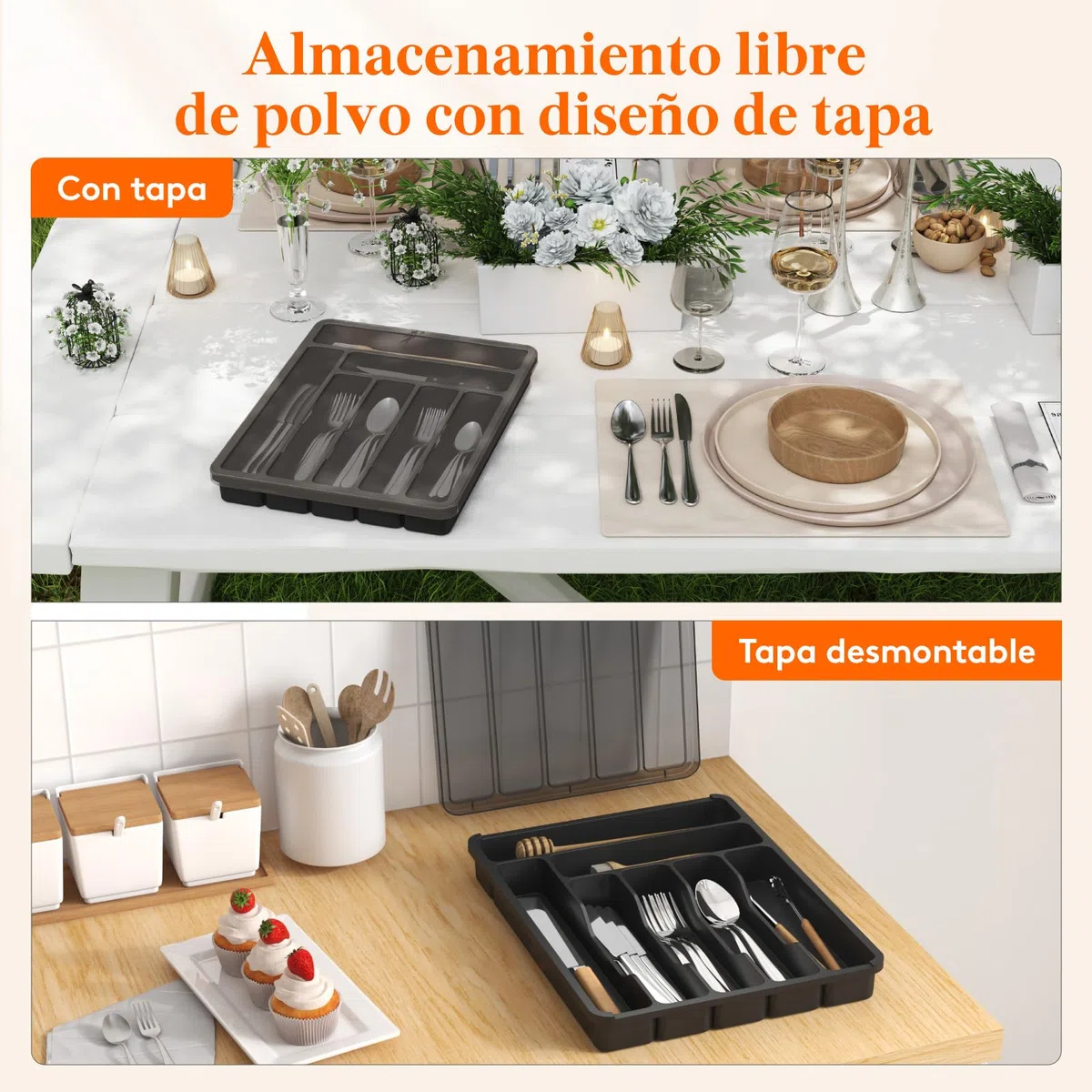 Lifewit Caja de Organizador de Cuberteros Con Tapa, Bandeja Utensilios de Plástico para Cajon Cocina Encimera, Caso de almacenamiento para Cuchillo/Cuchara/Tenedor/Vajilla, 7 compartimentos, Negro