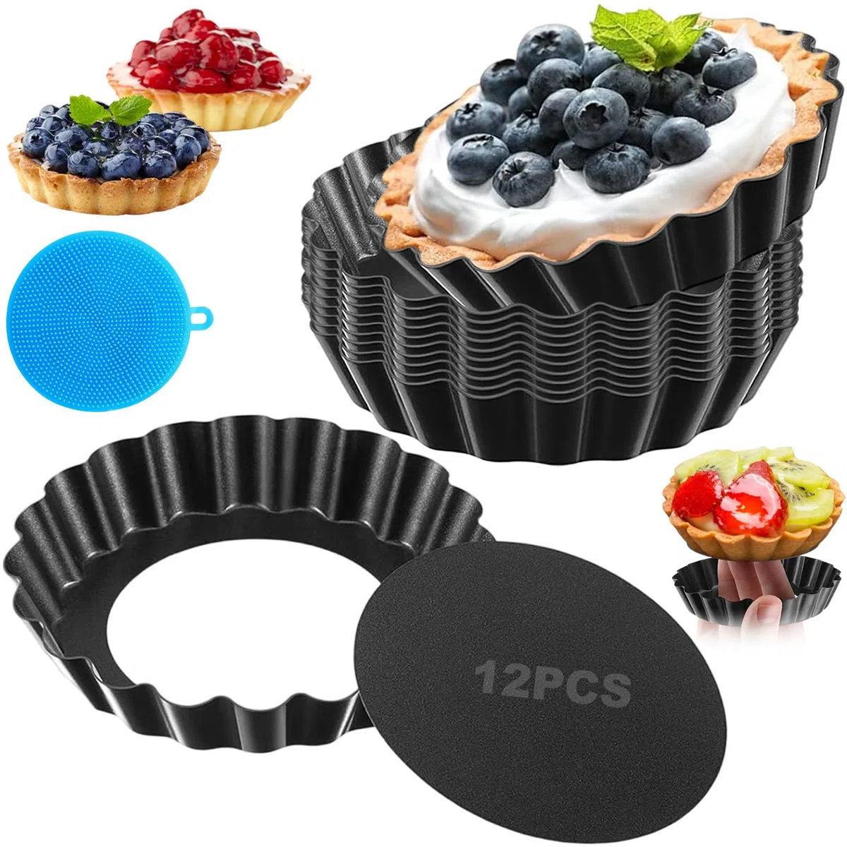 12 Piezas Moldes Tartaletas con Base Extraíble, 8cm Molde Quiche Mini Antiadherentes, Molde Redondo con Base Desmontable, Moldes Acero Carbono para Tartas Frutas, Pasteles, Tartelette (Negro)