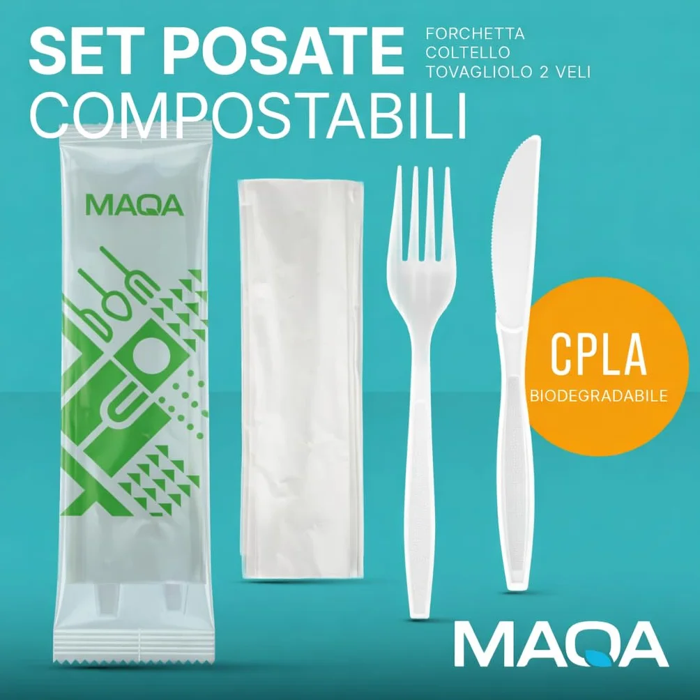 MAQA 100 piezas Cubiertos biodegradables y compostables, Tenedor y cuchillo envueltos individualmente con servilleta, Bis cubiertos