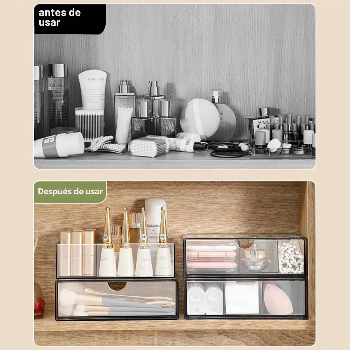 Cosmetic Organizer Set de 2 cajones acrílicos apilables, caja de almacenamiento de maquillaje transparente, para dormitorio, tocador, armario de espejo interior
