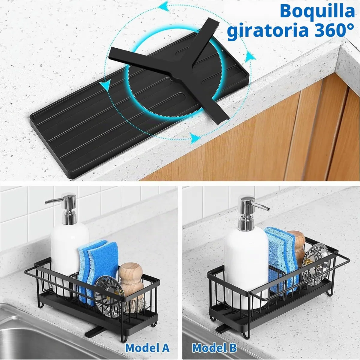Organizador Fregadero, Soporte Estropajo Fregadero de Cocina Acero Inoxidable con Bandeja de Desagüe Extraíble, Toallero y divisores Ajustables, Cocina Organizador de Lavado, Negro