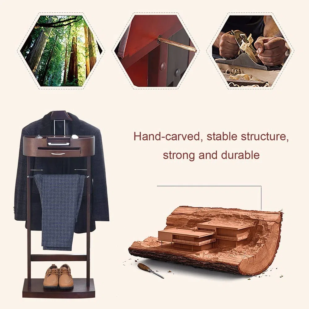 RajoNN Perchero para Trajes, Perchero con cajón y Estante, Perchero de Madera para Trajes, Perchero con Barra Antideslizante para Pantalones, Perchero de pie