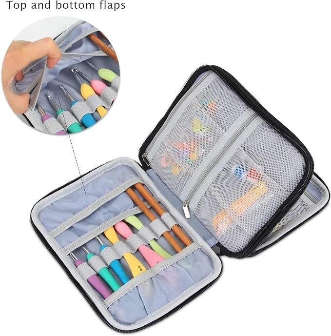 Damero Crochet Hook Case, Bolsa de Viaje Organizador para Ganchillos Swing, Ganchos de Aluminio, Agujas y Accesorios, Punto Gris