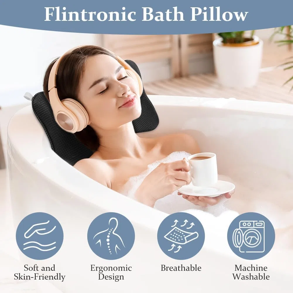 Flintronic Almohada de Baño, Almohada Bañera con 2 Ventosas Antideslizantes y Bolsas de Lavandería, Reposacabezas Ergonómico, Puede Soportar Cabeza Cuello Espalda, para SPA en Casa en Hotel Negro