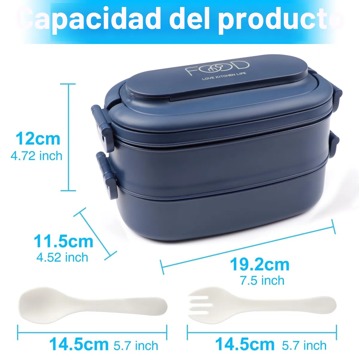 Fiambrera 2 Capa - 1550ml Lunch Box - Bento Box con 3 Compartimentos y Cubiertos - Loncheras para Adulto, Diseñado 2 Cierre de Clip, Sin BPA, Microondas, 19.2 x 11.5 x 12cm, Azul