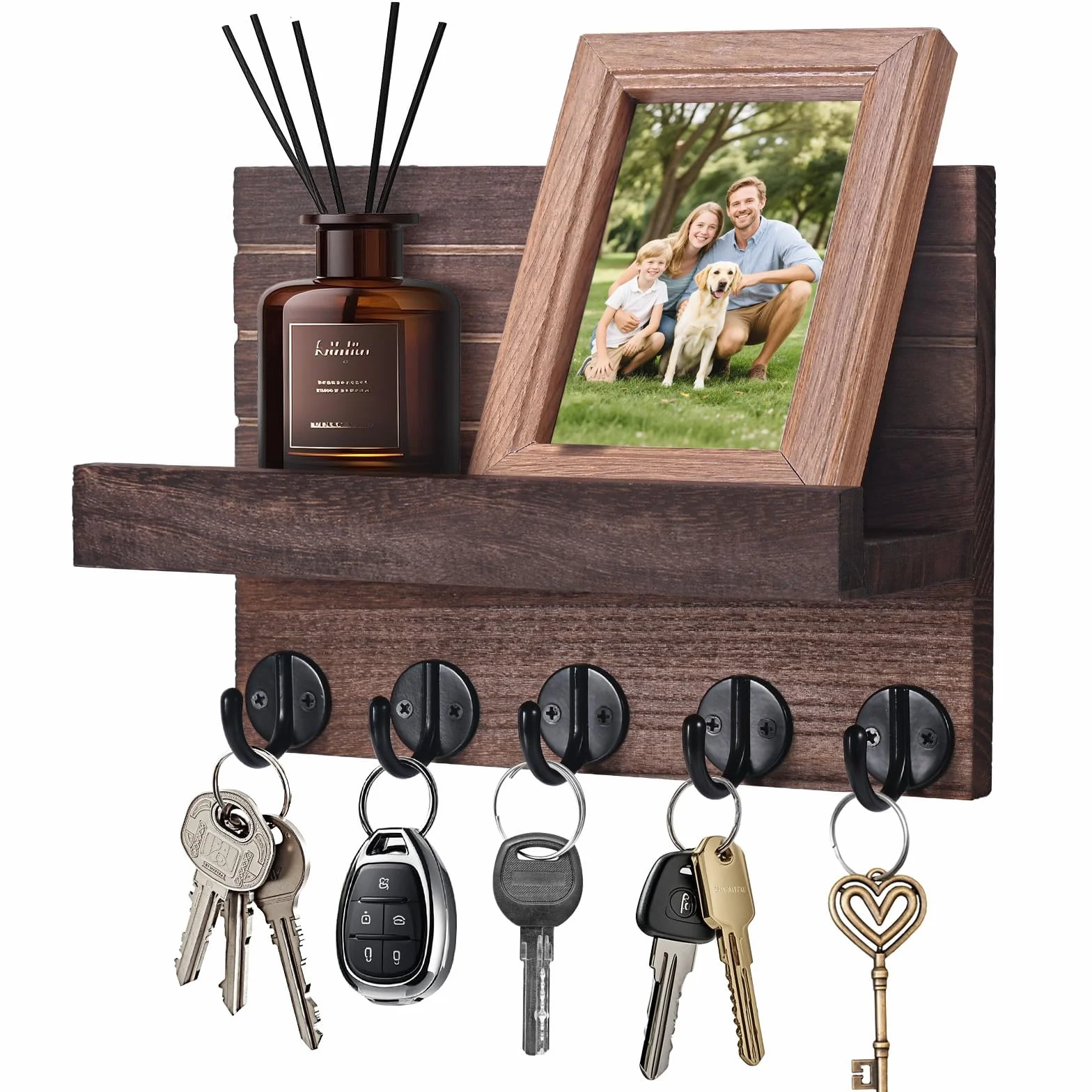 Llavero de Madera para Pared, Portallaves de Madera, Ganchos para Llaves Montados en la Pared, Organizador Llaves con 5 Ganchos para Llaves, para Llaves, Cartas, Periódicos (Marrón)