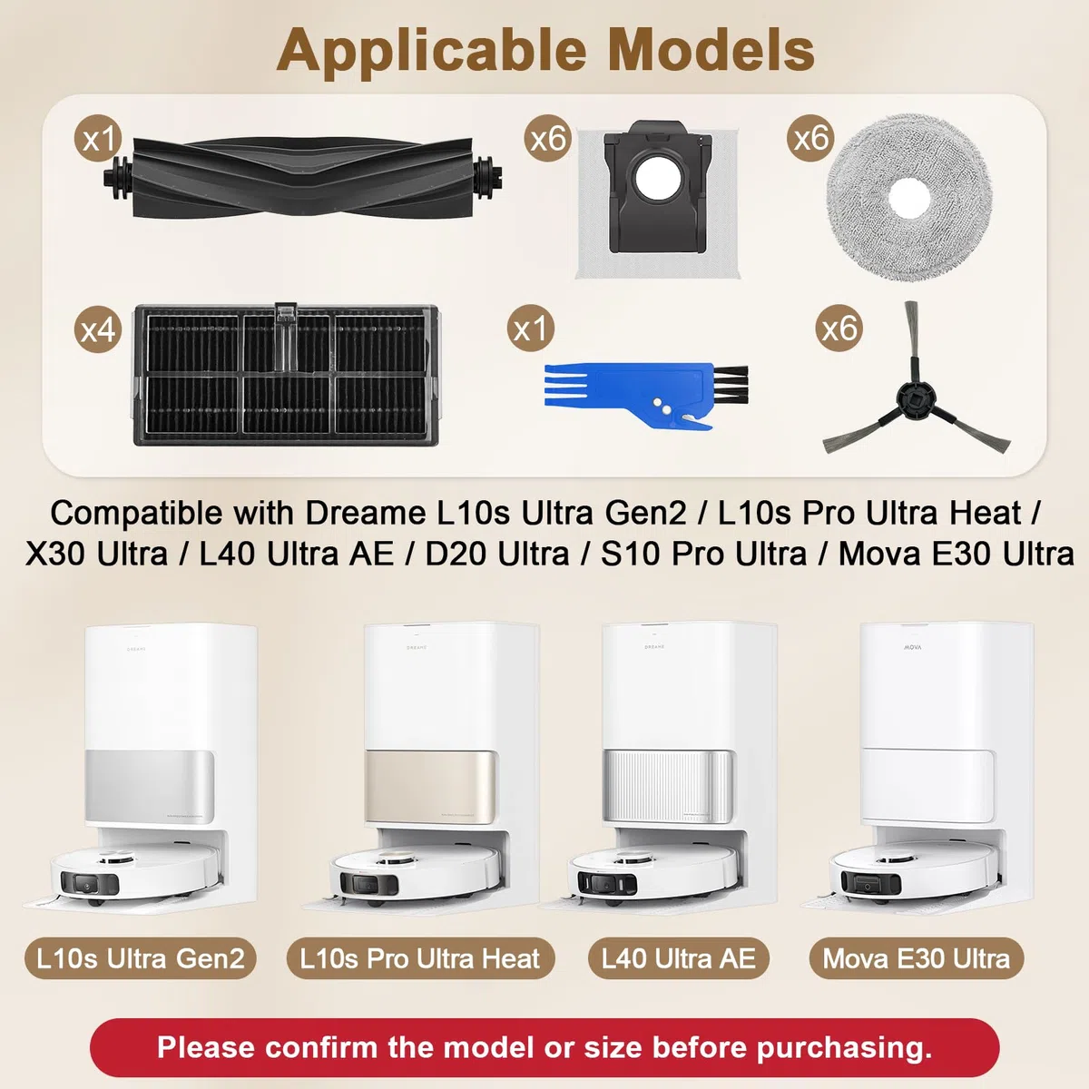 24 Recambios Compatible con Dreame L10s Ultra Gen2/L10s Pro Ultra Heat/X30 Ultra/L40 Ultra AE/Mova E30 Ultra Accesorios Kit 1 Cepillo Principal, 6 Cepillos Laterales, 4 Filtros, 6 Bolsas, 6 Paños Mopa